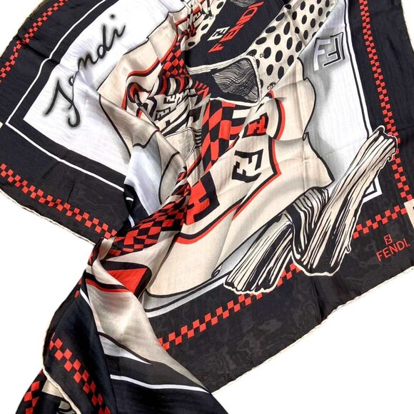 FENDI Red Black Abstract Art FF Scarf Square Silk Carre 90 - Picture 2 of 10
